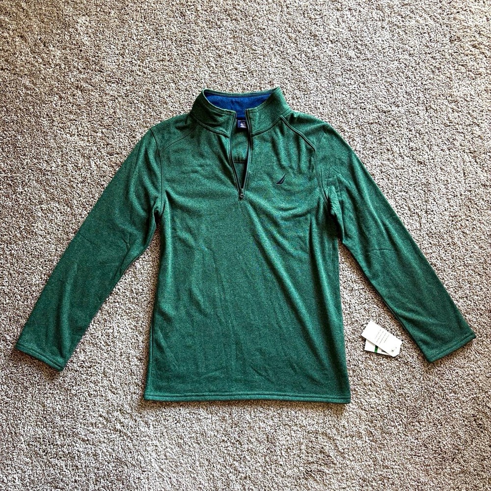Nautica Men's L Green 1/4 Zip Fleece Polyester Mock Neck Logo Pullover